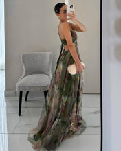 Load image into Gallery viewer, LOW CUT LONG SWING DRESS WITH MESH PRINT HALTER