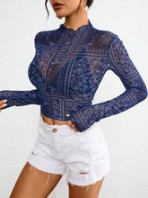 Load image into Gallery viewer, Paisley print lace mesh fitted top t-shirt