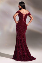 Load image into Gallery viewer, VELVET SEQUIN OFF THE SOULDER GOWN