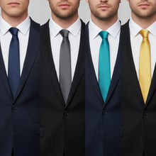 Load image into Gallery viewer, Four colorful ties (blue, gray, teal, yellow) arranged on a white background