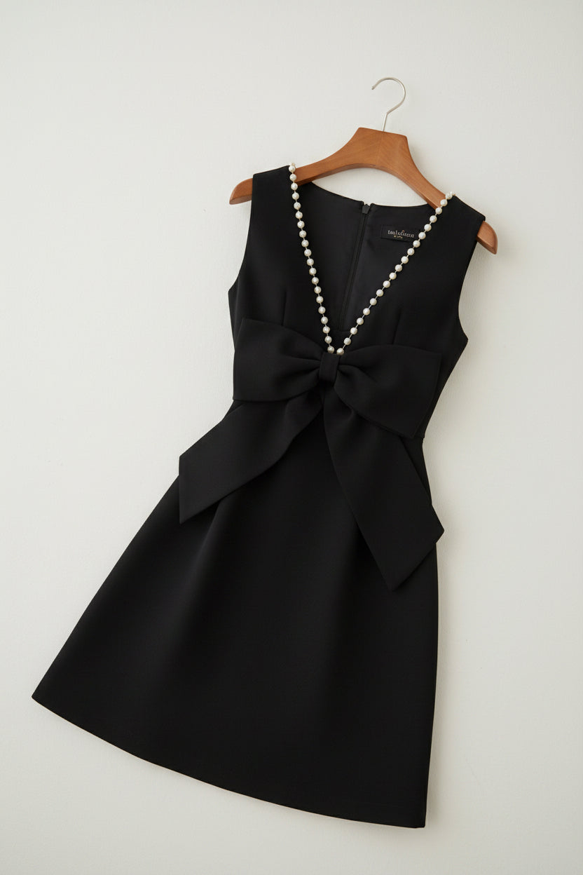 Pearl Beaded Bow Dresses Black / Large