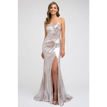 Load image into Gallery viewer, Ruched Side Metallic Foil Prom Dress