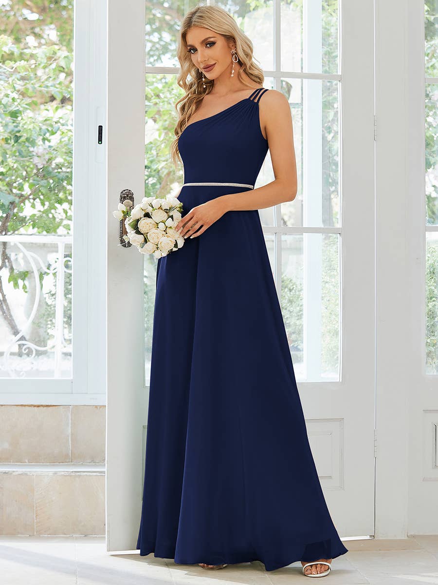 blue dress for baby girl Chiffon One-Shoulder Bridesmaid Dress with Narrow Sparkling Waist Belt