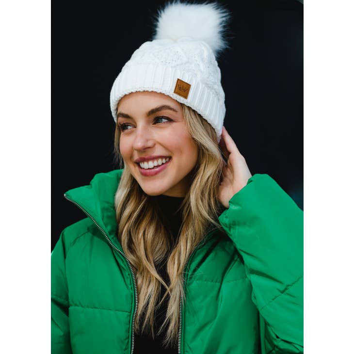 H-285  White Cable Knit Pom Hat