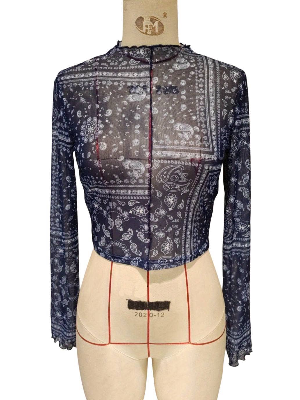 Paisley print lace mesh fitted top t-shirt