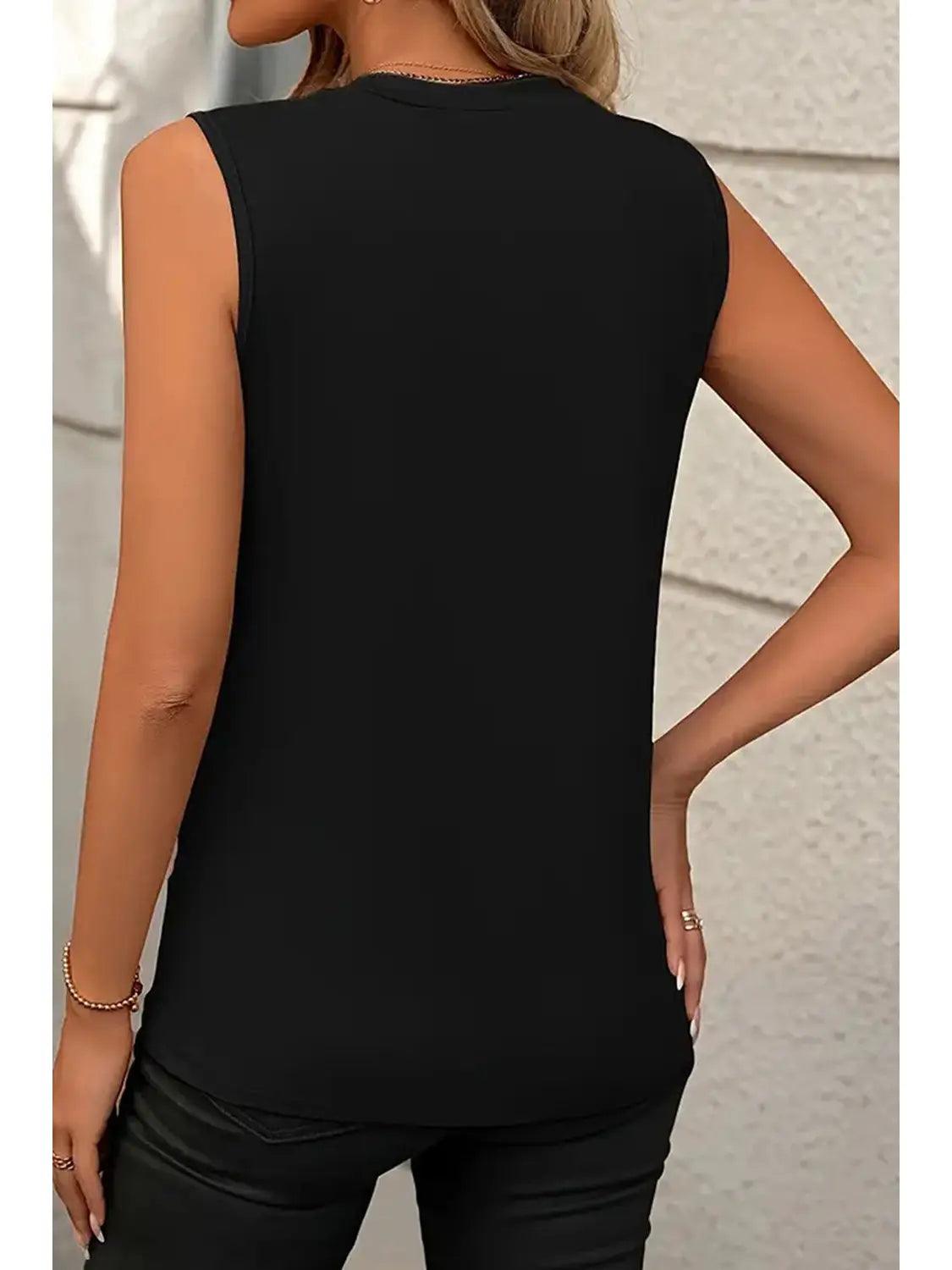 Crew Neck Pleated Sleeveless Top Black / L