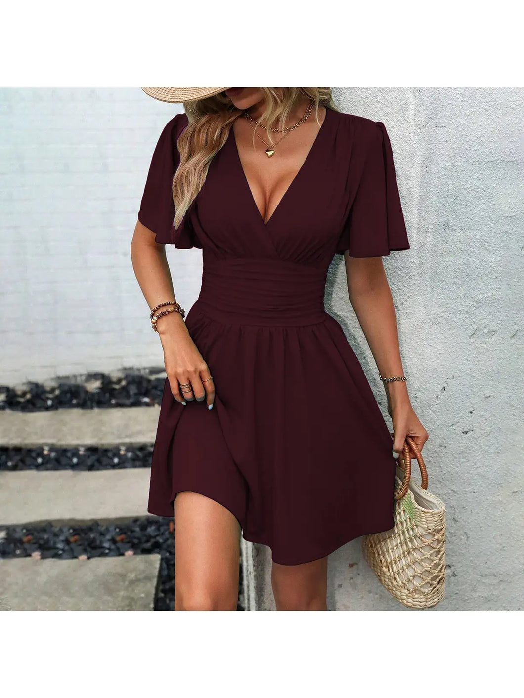 Deep V-Neck Lotus Leaf Sleeve Dress