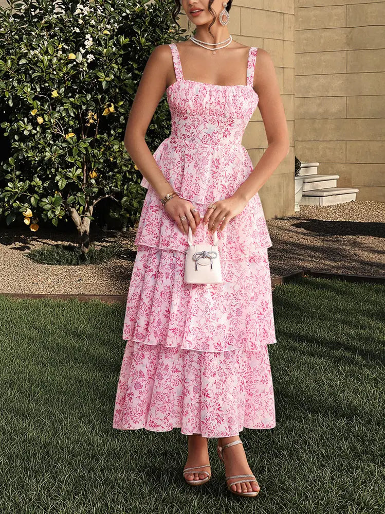 Floral Print Cake Layered Chiffon Slip Dress