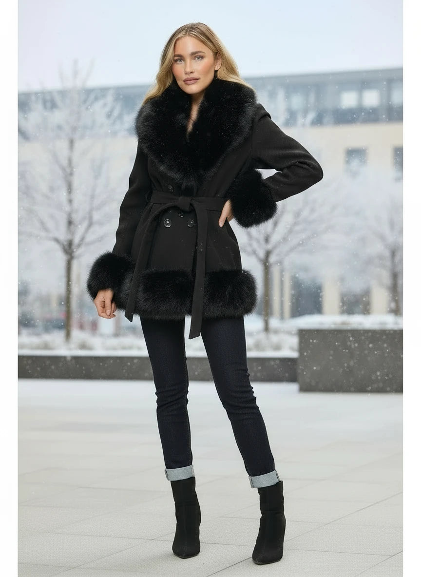 Belted fur trim coat