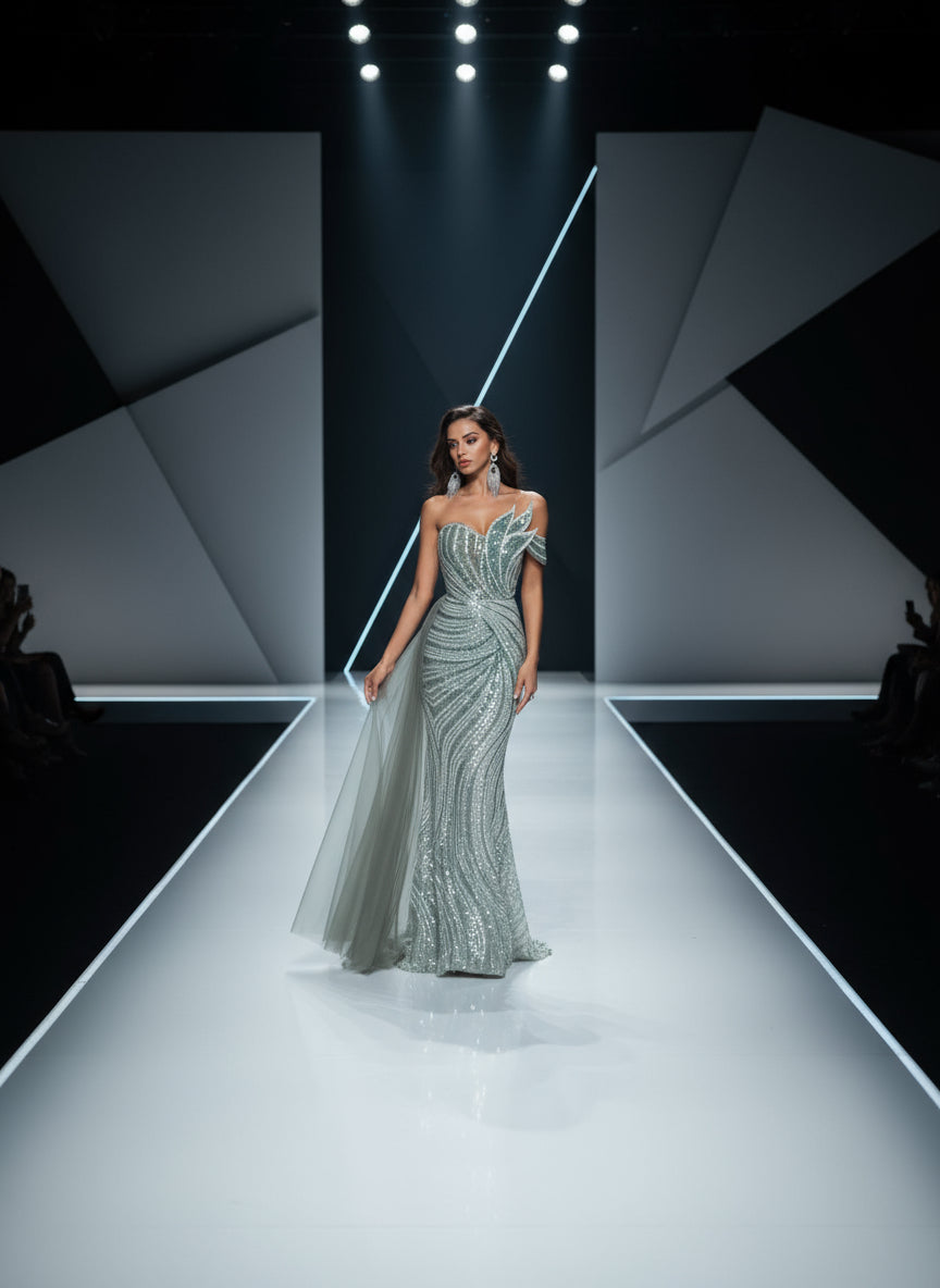 Model walking on a fashion show runway wearing a sparkling silver gown.