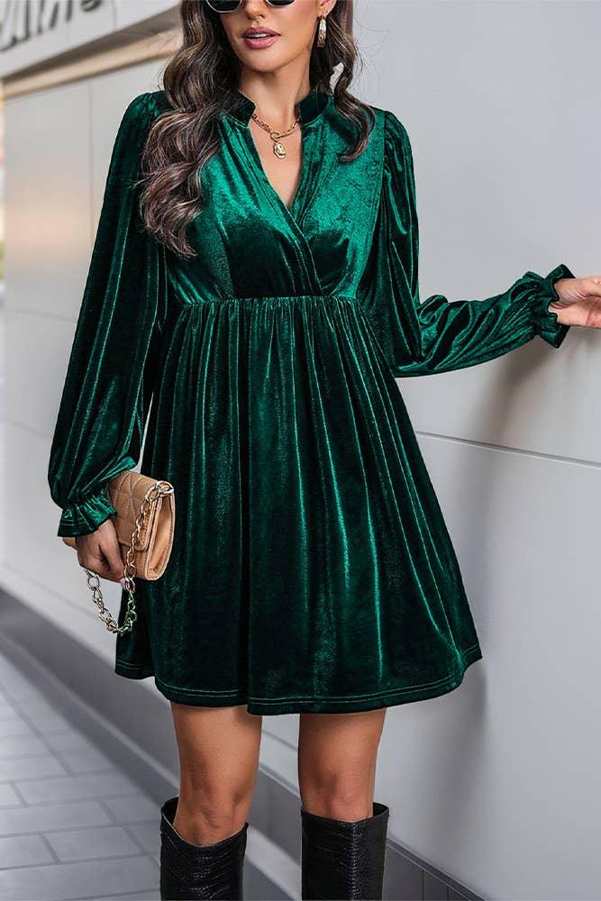 Long Sleeves V Neck Smocked Velvet Dress BFZY1196