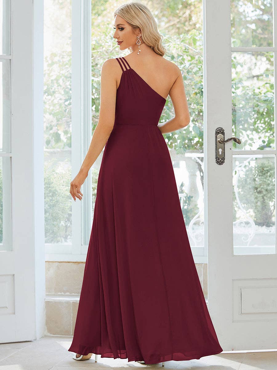 Chiffon One-Shoulder Bridesmaid Dress with narrow sparkling waist belt Chiffon One-Shoulder Bridesmaid Dress with narrow sparkling waist belt