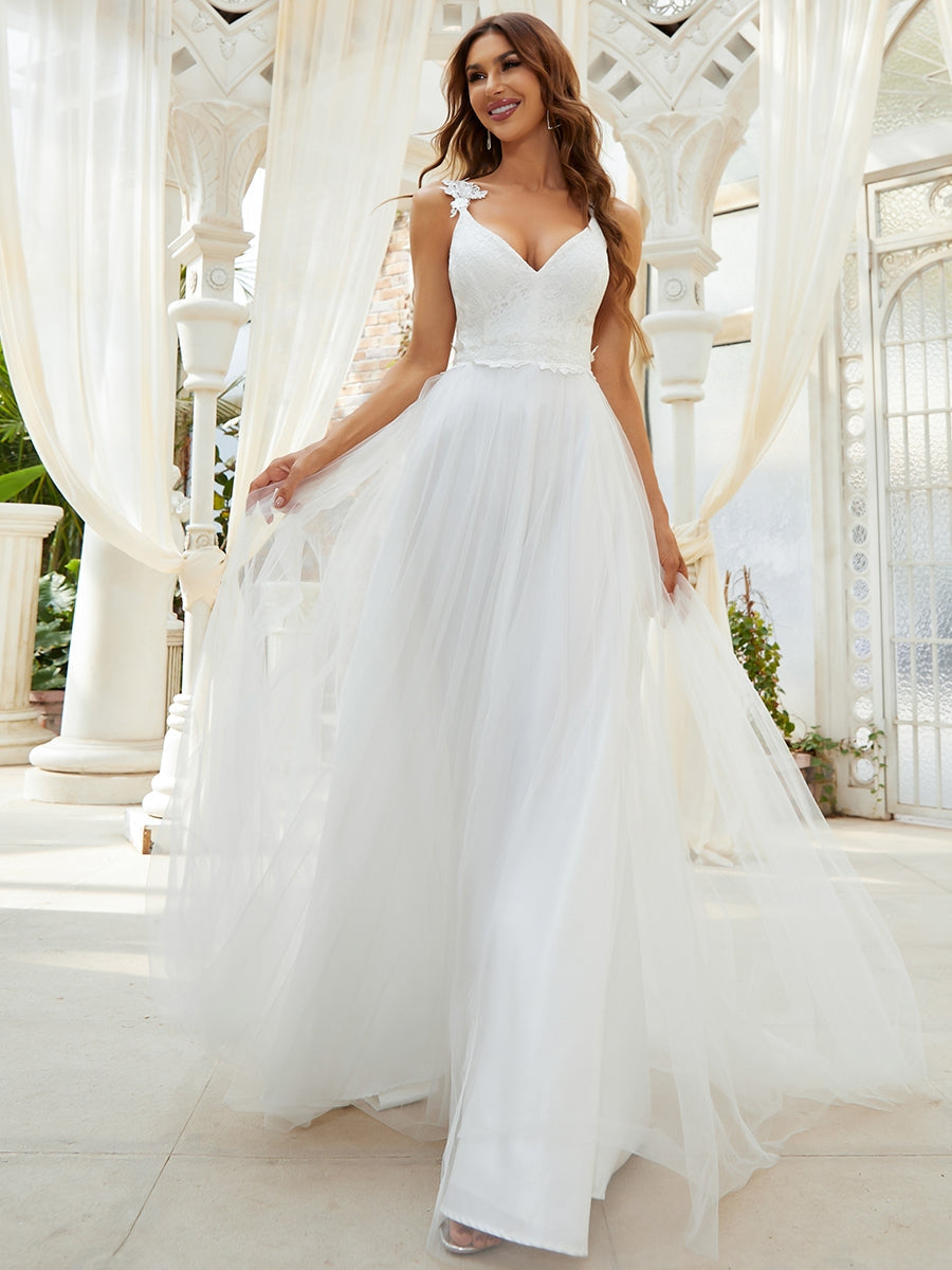 V-Neck Lace Tulle Wedding Dress