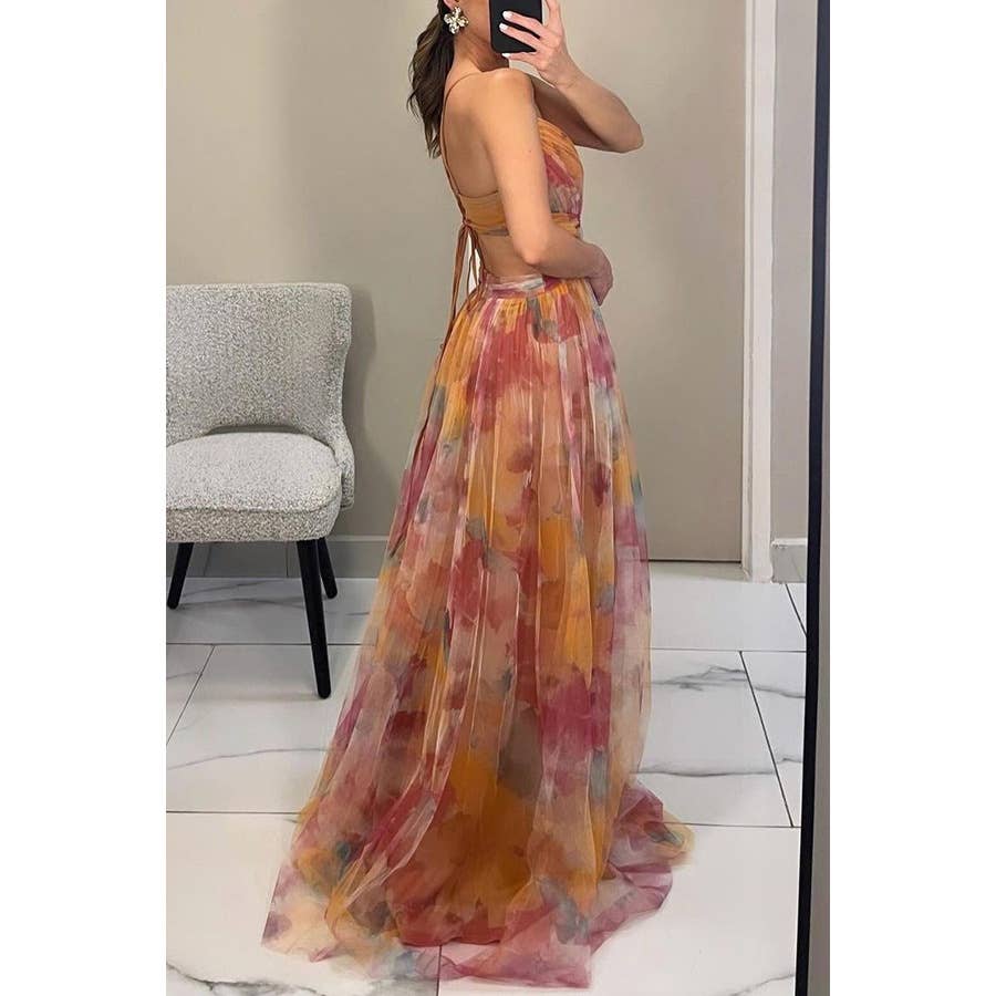 LOW CUT LONG SWING DRESS WITH MESH PRINT HALTER  Say Yes Bridal & Boutique