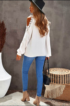 Load image into Gallery viewer, Round Neck Lace Splicing Cold Shoulder Sweater
